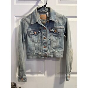Levis Womens Cropped Denim Trucker Jacket Light Wash Blue Small Stretch Cotton